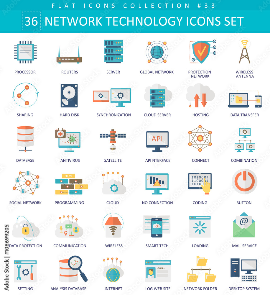 Poster vector network technology color flat icon set. elegant style design.