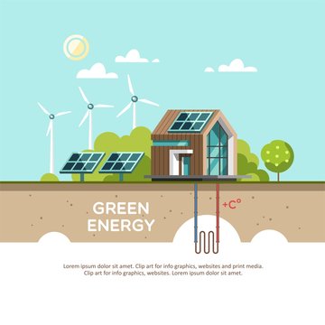 Green Energy An Eco Friendly House - Solar Energy, Wind Energy, Geothermal Energy. Vector Concept Illustration.