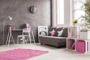 Grey living room with pink and white details