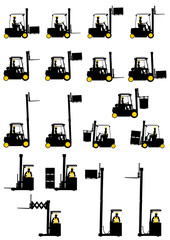Silhouettes of forklifts on the white background. Vector