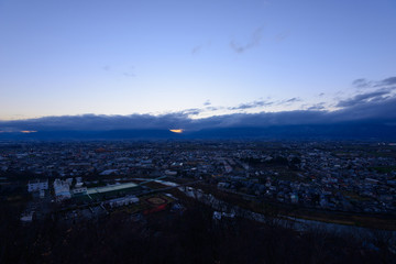 Landscape of Matsumoto and Azumino at dusk in Nagano, Japan