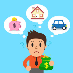 Businessman holding money bag with different investing options