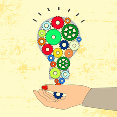 Bulb gear web engineering on hand , Business idea. Vector illustration.
