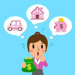 Businesswoman holding money bag with different investing options