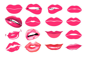 collage, pink lips.  Vector illustration. Lips set. design element. Woman's lip gestures set. Girl mouths close up with red lipstick makeup expressing different emotions. EPS10 vector.
