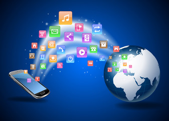 Futuristic Mobile Phone Vector Illustration with Holographic World Map and Social Media Icons