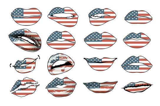 Flags of the USA in sensuality lips set women vector. america