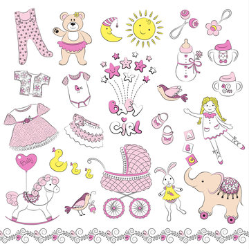 Set of cute baby girl things. Vector background.