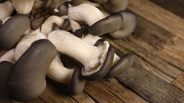 Many raw unpeeled mushrooms on brown wooden table. Macro shot.