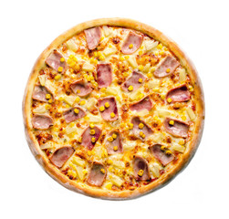 Hawaiian pizza top view on white background