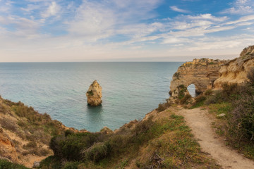 Trail of the Arch on beach Marinha, Portugal. 