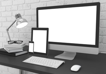 Fototapeta premium Responsive mockup screen. Monitor, tablet, phone on table in office. 3D rendering.