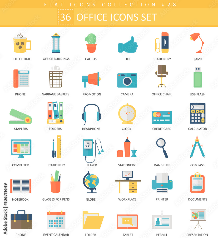 Poster vector office color flat icon set. elegant style design.