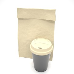 Coffee to go and lunch bag, on white. 3D rendering.