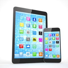 Tablet and smartphone on a white. 3D rendering.