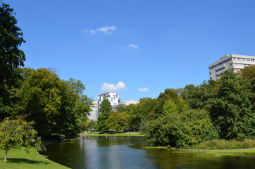 Large pond in summer in Leopold park, city of Brussels