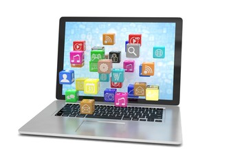 icon app fall in laptop. 3D rendering.