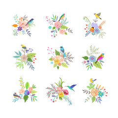 Obraz na płótnie Canvas Hand Drawn vintage floral elements. Set of flowers with birds. 