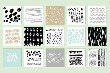 Set of 15 creative cards. Hand Drawn textures made with ink. 