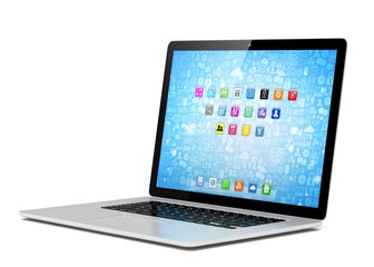 3d rendering of a laptop with blue wallpaper with app icon