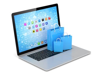 laptop and  shopping pags on white background. 3D rendering.