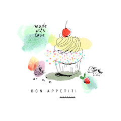 Watercolor card with cupcake. Isolated on a white background. 