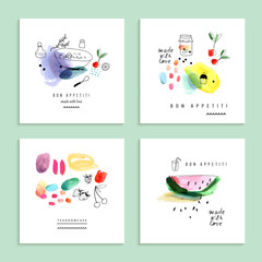 Watercolor art. Fruits, berries. Set of four creative cards.