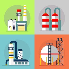 Building industrial plants polluting the environment. Toxic waste from oil extraction. Earth Day. Ecology design concept with air, water and soil pollution. Flat icons isolated vector illustration.