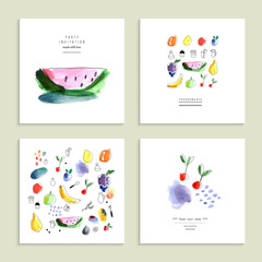 Watercolor art. Fruits, berries. Set of four creative cards. 