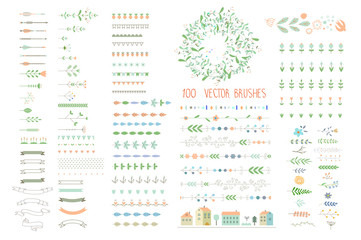 Fototapeta na wymiar Floral decor set. 100 different vector brushes and decor element