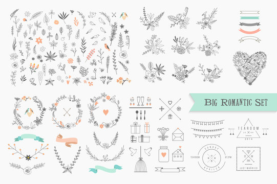 Hand Drawn vintage floral elements. Set of flowers, icons 