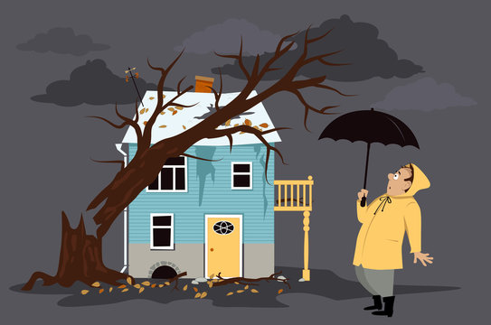 Upset Homeowner Standing In Front Of A House Damaged By A Fallen Tree, EPS 8 Vector Illustration, No Transparencies