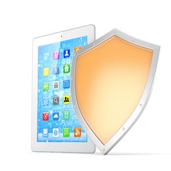 Tablet PC and shield on white device security concept. 3D rendering.