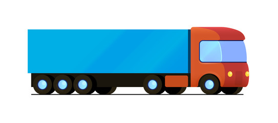 Vector isolated red truck with blue cargo trailer flat