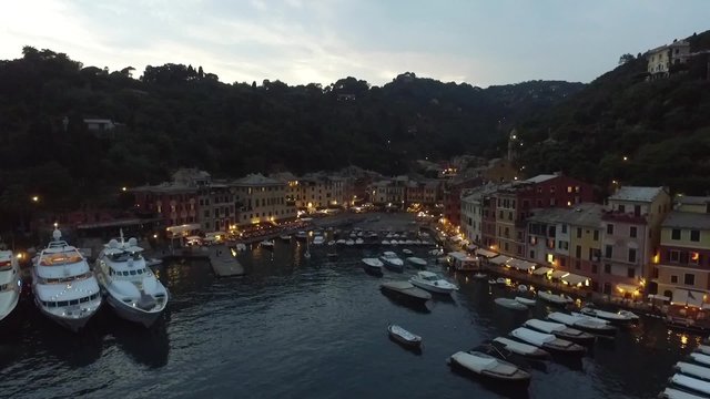 Aerial view of Potofino city Coast of Italy at night in summer 