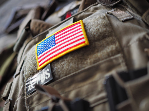 Plate Carrier with USA flag patch shallow depth of field