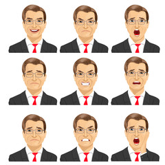 set of different expressions of the same middle aged businessman with glasses