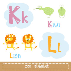 Colored letters of the alphabet next to images of abstract characters funny animals isolated on white background