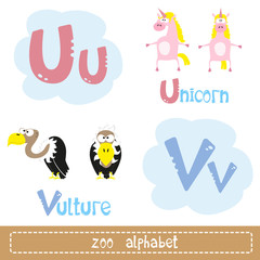 Fototapeta premium Colored letters of the alphabet next to images of abstract characters funny animals isolated on white background