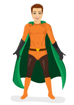 handsome young man in superhero costume standing legs apart
