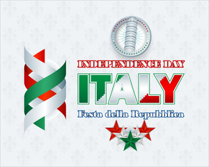 Festa della Repubblica translated from Italian language as Republic Day; Independence Day design with stars in colors of the Italian flag, and Tower of Pisa shapes