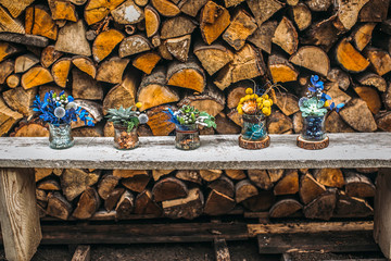 kompozycje kwiatowe na tle drewna © nearforest