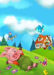Cartoon fairy tale scene with pigs doing different things - illustration for children