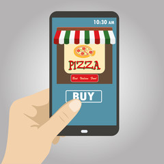 Hand holding smart phone, order pizza using a smartphone in pizz