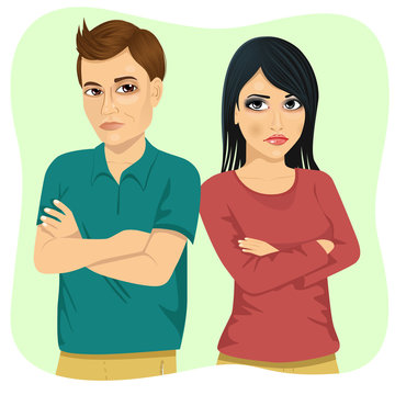 Angry Couple Looking At Each Other Over Shoulder And Holding Their Arms Crossed