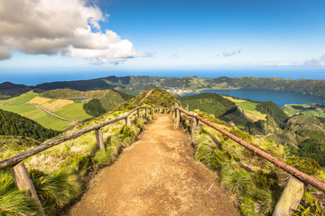 Walking path leading to a view on the lakes of Sete Cidades and