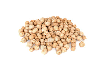 Uncooked chickpeas on white background