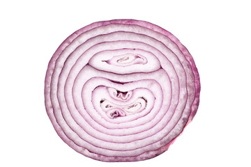 half of cut red onion on white background