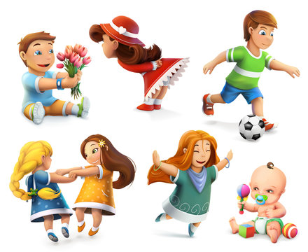 Children. Little girls and boys. Set of vector icons
