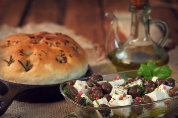 Italian Focaccia bread with Feta cheese and black olives 